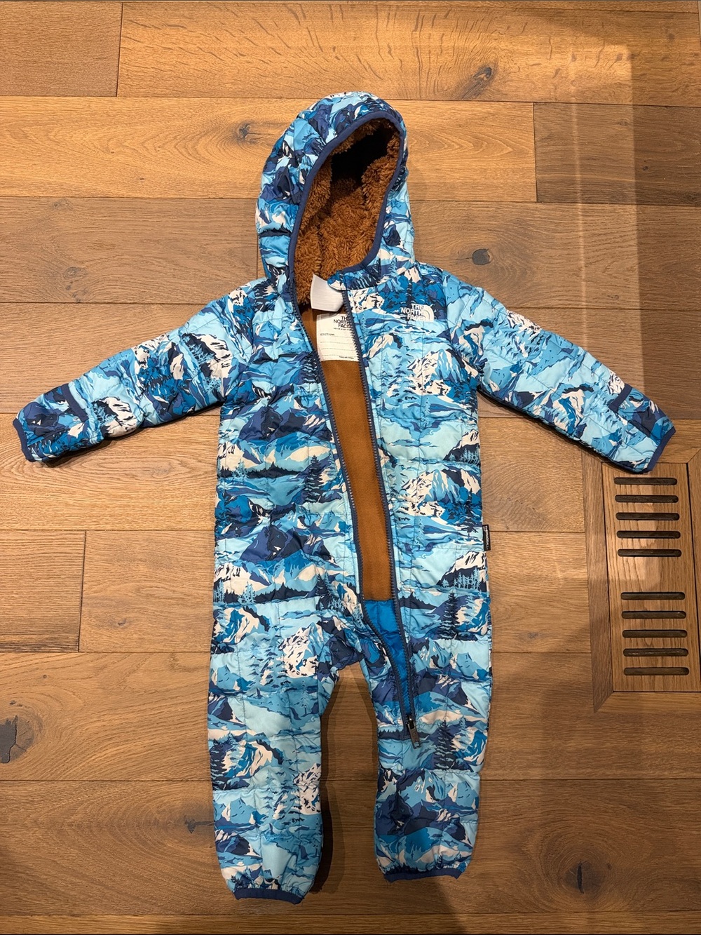 EUC North Face Baby Blue Mountain-Print Hooded One-Piece Snowsuit